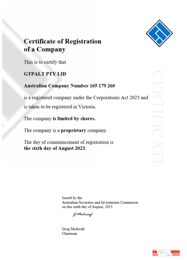 Australia GTPALT certificate of company registration word and PDF template
